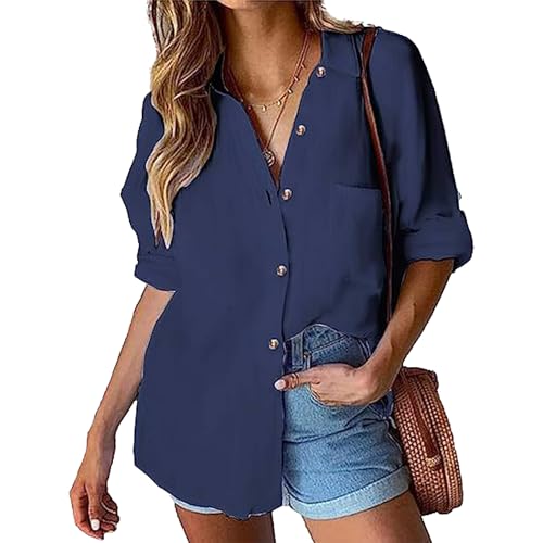 SYKT Bluse Damen Lässiges Button-Down Hemd V-Ausschnitt Langarmshirt Elegant Oberteile Solide Blusenshirt Lose Shirts Tops mit Tasche von SYKT
