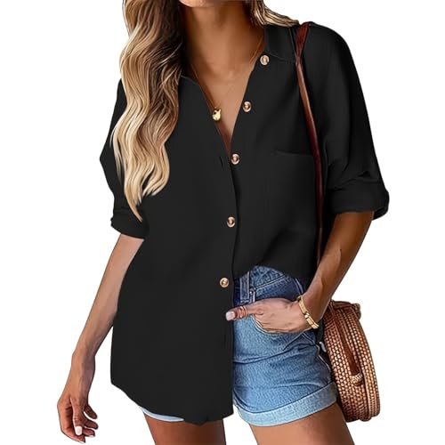 SYKT Bluse Damen Lässiges Button-Down Hemd V-Ausschnitt Langarmshirt Elegant Oberteile Solide Blusenshirt Lose Shirts Tops mit Tasche von SYKT