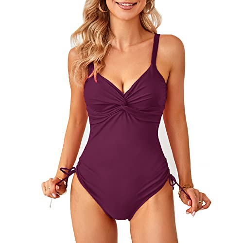 SYKT Damen Badeanzug One Piece V Ausschnitt Schwimmanzug Rückenfrei High Neck Falten Ruched Bauchweg Monokini Bademode,Violett,L von SYKT