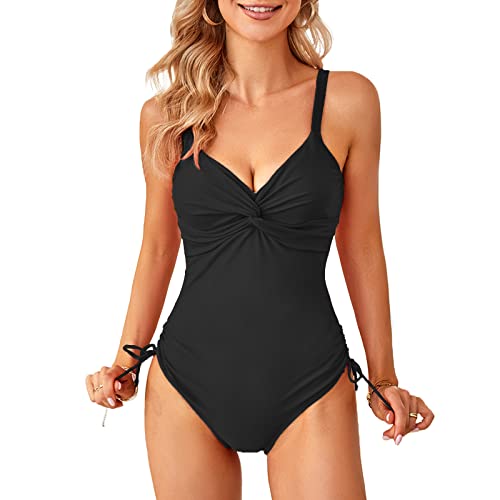 SYKT Damen Badeanzug One Piece V Ausschnitt Schwimmanzug Rückenfrei High Neck Falten Ruched Bauchweg Monokini Bademode,Schwarz,S von SYKT