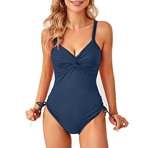 SYKT Damen Badeanzug One Piece V Ausschnitt Schwimmanzug Rückenfrei High Neck Falten Ruched Bauchweg Monokini Bademode,Blau,L von SYKT