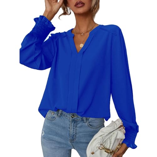 SYKT Damen Bluse Elegant Langarm Pullover V-Ausschnitt Hemden Oberteile Chiffon Einfarbig Tops von SYKT