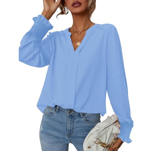 SYKT Damen Bluse Elegant Langarm Pullover V-Ausschnitt Hemden Oberteile Chiffon Einfarbig Tops von SYKT
