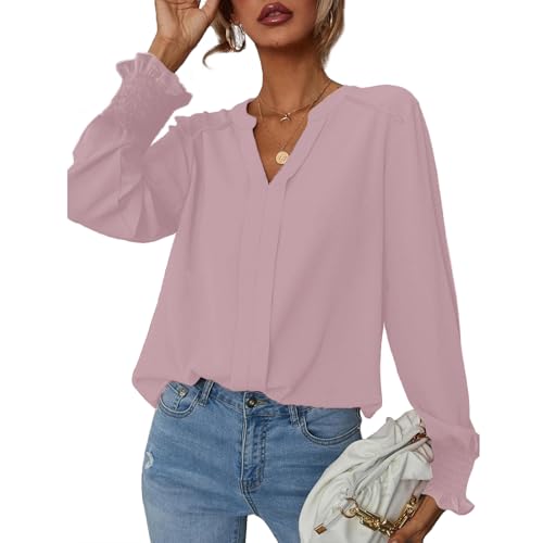 SYKT Damen Bluse Elegant Langarm Pullover V-Ausschnitt Hemden Oberteile Chiffon Einfarbig Tops von SYKT