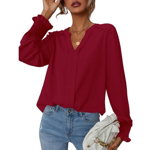 SYKT Damen Bluse Elegant Langarm Pullover V-Ausschnitt Hemden Oberteile Chiffon Einfarbig Tops von SYKT