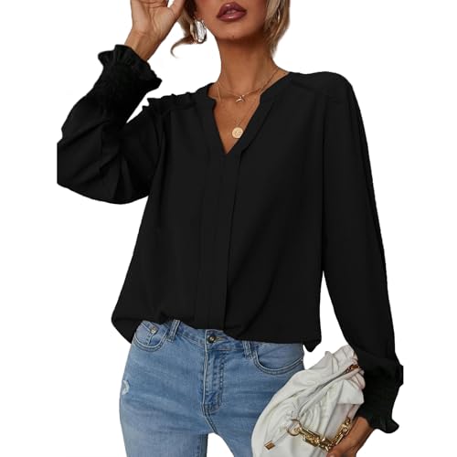 SYKT Damen Bluse Elegant Langarm Pullover V-Ausschnitt Hemden Oberteile Chiffon Einfarbig Tops von SYKT