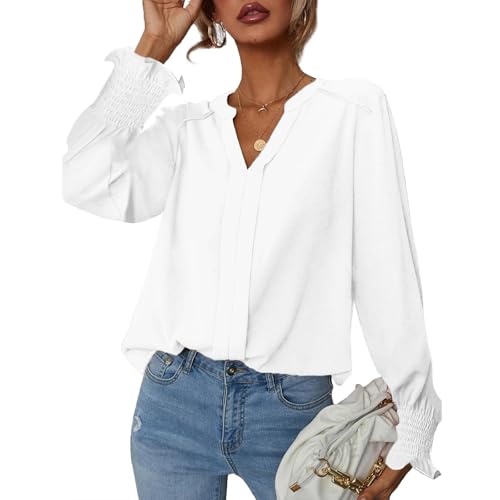 SYKT Damen Bluse Elegant Langarm Pullover V-Ausschnitt Hemden Oberteile Chiffon Einfarbig Tops von SYKT