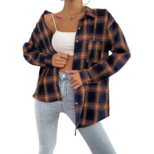 SYKT Damen Plaid Hemd Casual Button-Down Shirts Karohemd Langarmshirt Kariertes Knopfleiste Oberteile V Ausschnitt Tops Hemdbluse Mit Tasche von SYKT