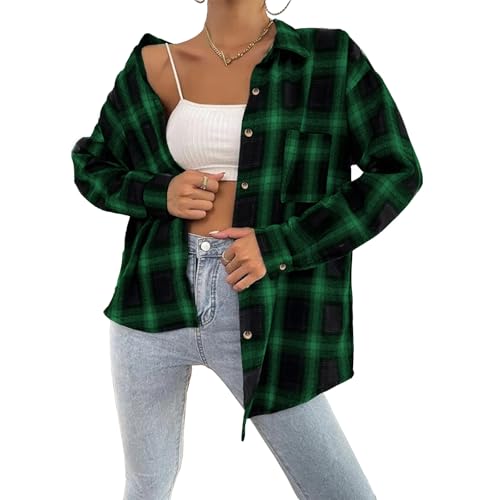 SYKT Damen Plaid Hemd Casual Button-Down Shirts Karohemd Langarmshirt Kariertes Knopfleiste Oberteile V Ausschnitt Tops Hemdbluse Mit Tasche von SYKT