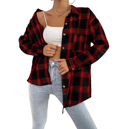SYKT Damen Plaid Hemd Casual Button-Down Shirts Karohemd Langarmshirt Kariertes Knopfleiste Oberteile V Ausschnitt Tops Hemdbluse Mit Tasche von SYKT