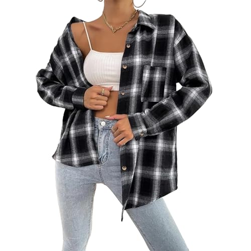 SYKT Damen Plaid Hemd Casual Button-Down Shirts Karohemd Langarmshirt Kariertes Knopfleiste Oberteile V Ausschnitt Tops Hemdbluse Mit Tasche von SYKT