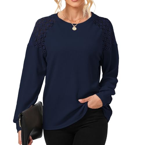 SYKT Damen Rundhals Langarm Einfarbig Waffelstrick Spitze Patchwork T-Shirt Elegante Oberteile Bluse Casual Pullover Basic Tops von SYKT