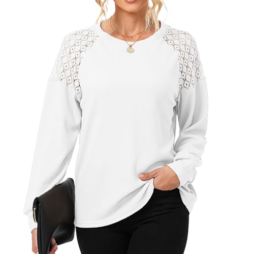 SYKT Damen Rundhals Langarm Einfarbig Waffelstrick Spitze Patchwork T-Shirt Elegante Oberteile Bluse Casual Pullover Basic Tops von SYKT