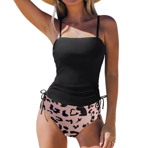 SYKT Damen Tankini Set Geraffte Kordelzug High Waist Camisole Tankini Bademode Druckstoff Zweiteiliger Badeanzug Swimsuit von SYKT