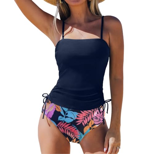 SYKT Damen Tankini Set Geraffte Kordelzug High Waist Camisole Tankini Bademode Druckstoff Zweiteiliger Badeanzug Swimsuit von SYKT