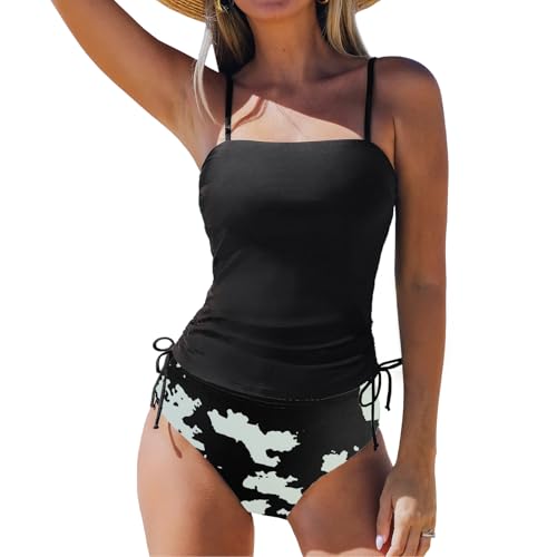 SYKT Damen Tankini Set Geraffte Kordelzug High Waist Camisole Tankini Bademode Druckstoff Zweiteiliger Badeanzug Swimsuit von SYKT