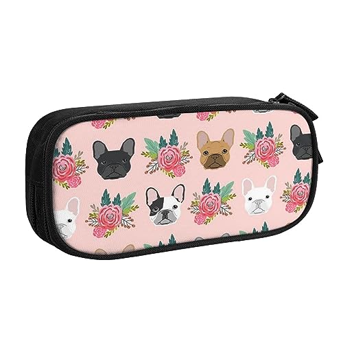 Federmäppchen mit Blumen-Bulldoggen-Motiv, doppelstöckig, für Schule, Büro und Reisen, hohe Kapazität, Schwarz , Einheitsgröße, Taschen-Organizer von SYLALE