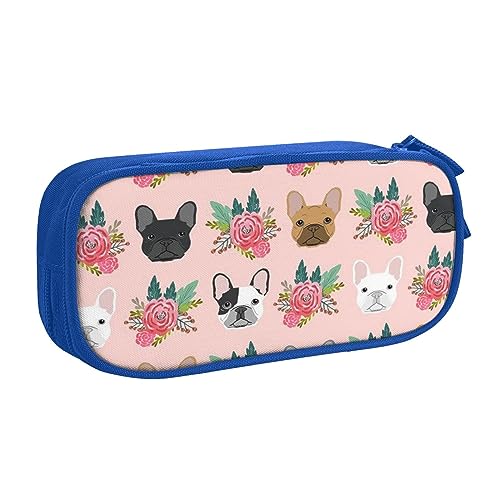 Federmäppchen mit Blumen-Bulldoggen-Motiv, doppelstöckig, für Schule, Büro und Reisen, hohe Kapazität, blau, Einheitsgröße, Taschen-Organizer von SYLALE