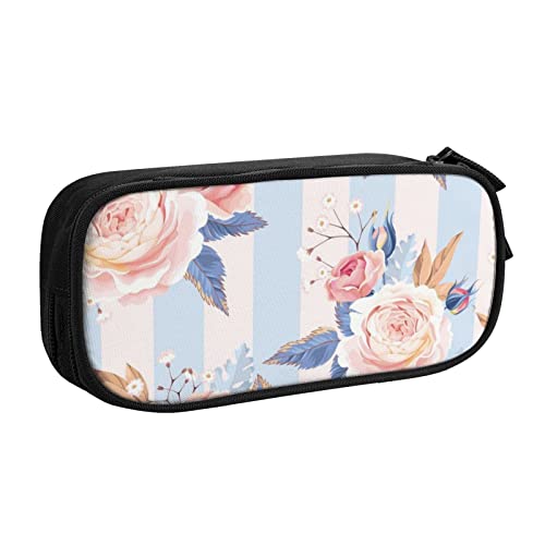 Federmäppchen mit Blumen-Streifenmuster, doppelstöckig, für Schule, Büro und Reisen, hohe Kapazität, Schwarz , Einheitsgröße, Taschen-Organizer von SYLALE