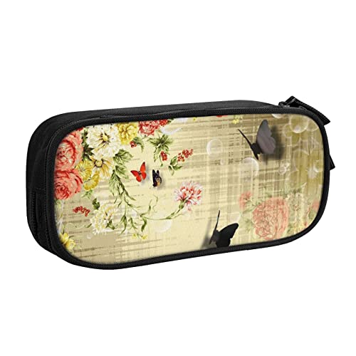 Federmäppchen mit Blumen und Schmetterlingen, doppelstöckig, für Schule, Büro und Reisen, hohe Kapazität, Schwarz , Einheitsgröße, Taschen-Organizer von SYLALE