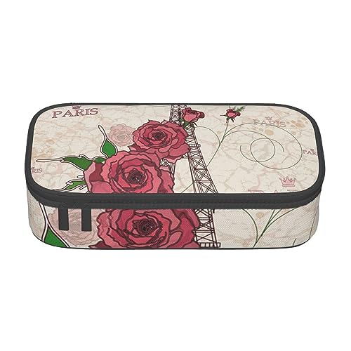 Federmäppchen mit Landschaftsmalerei und Zwischenschicht, für Schule, Büro und Reisen, hohe Kapazität, Eiffelturm Rose Blume, Einheitsgröße, Taschen-Organizer von SYLALE