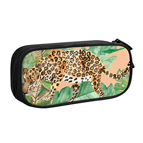 Federmäppchen mit Leoparden- und Palmblätter-Druck, doppelstöckig, für Schule, Büro und Reisen, hohe Kapazität, Schwarz , Einheitsgröße, Taschen-Organizer von SYLALE