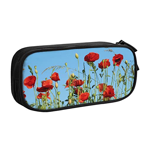 Federmäppchen mit Mohnblumen auf blauem Himmel, doppelstöckig, für Schule, Büro und Reisen, hohe Kapazität, Schwarz , Einheitsgröße, Taschen-Organizer von SYLALE