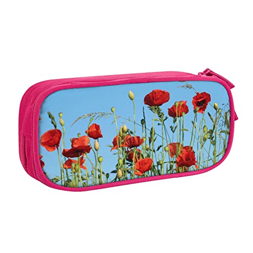 Federmäppchen mit Mohnblumen auf blauem Himmel, doppelstöckig, für Schule, Büro und Reisen, hohe Kapazität, rose, Einheitsgröße, Taschen-Organizer von SYLALE