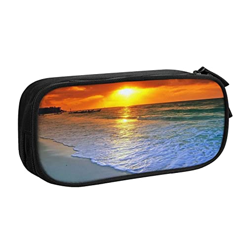 Federmäppchen mit Sonnenuntergang, Motiv: Strand mit Sonnenuntergang, doppelstöckig, für Schule, Büro und Reisen, hohe Kapazität, Schwarz , Einheitsgröße, Taschen-Organizer von SYLALE