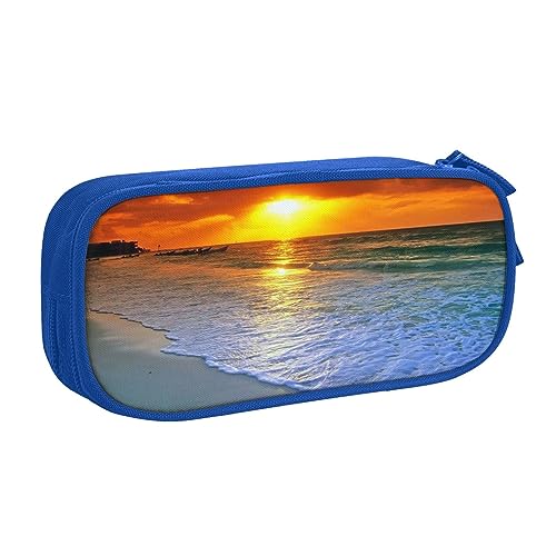 Federmäppchen mit Sonnenuntergang, Motiv: Strand mit Sonnenuntergang, doppelstöckig, für Schule, Büro und Reisen, hohe Kapazität, blau, Einheitsgröße, Taschen-Organizer von SYLALE