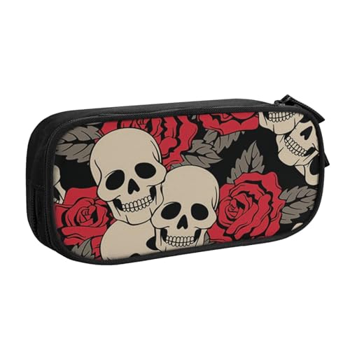 Federmäppchen mit Totenkopf und Rosen-Motiv, doppelstöckig, für Schule, Büro und Reisen, hohe Kapazität, Schwarz, Schwarz , Einheitsgröße, Taschen-Organizer von SYLALE