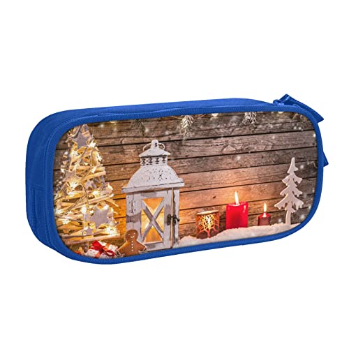 Frohe Weihnachten Holzbrett Kerze Hirsch Druck Doppeldeck Federmäppchen mit für Schule, Büro und Reisen, hohe Kapazität, blau, Einheitsgröße, Taschen-Organizer von SYLALE