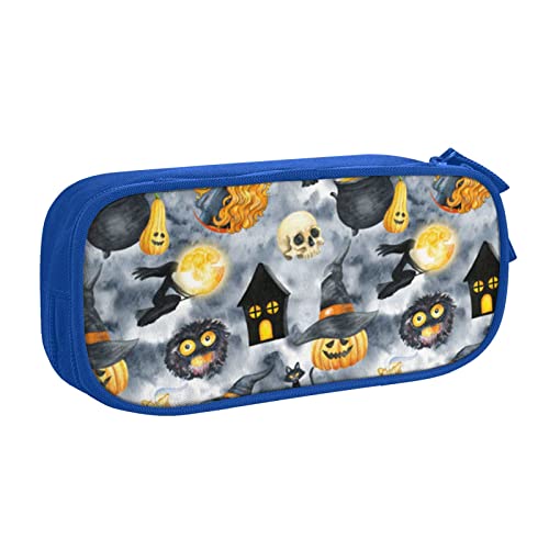 Lustiges Federmäppchen mit Halloween-Dekor und Hexen-Motiv, doppelstöckig, für Schule, Büro und Reisen, hohe Kapazität, blau, Einheitsgröße, Taschen-Organizer von SYLALE