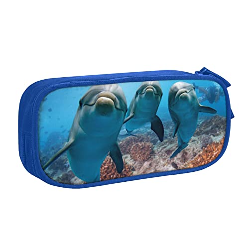 Ocean Animal Federmäppchen mit lustigem Delfin-Druck, doppelstöckig, für Schule, Büro und Reisen, hohe Kapazität, blau, Einheitsgröße, Taschen-Organizer von SYLALE