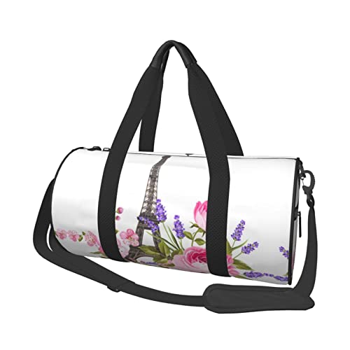 Reisetasche mit Eiffelturm, Frühlingsblumen-Druck, wasserdicht, Wochenendtasche, Handgepäcktasche für Damen und Herren, Schwarz , Einheitsgröße von SYLALE