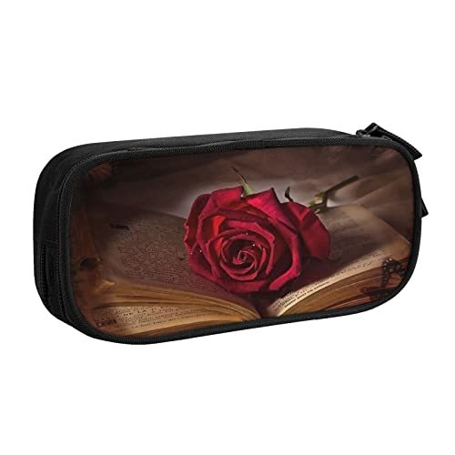 Schönes Federmäppchen mit Blumen- und Schmetterlings-Rosen-Motiv, doppelstöckig, für Schule, Büro und Reisen, hohe Kapazität, Schwarz , Einheitsgröße, Taschen-Organizer von SYLALE