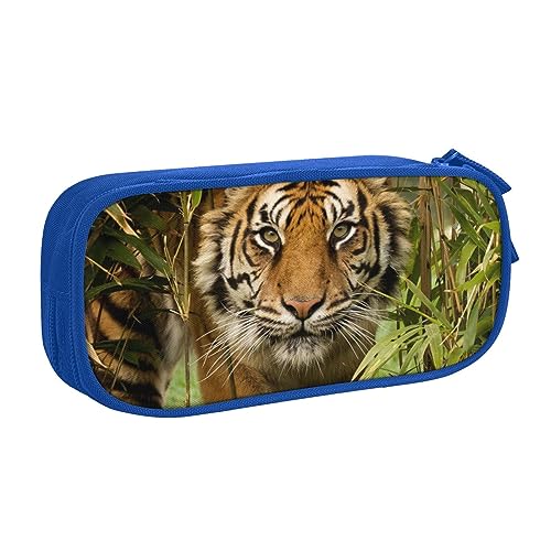 Tiger im Dschungel Drucken Doppeldeck Federmäppchen mit für Schule, Büro und Reisen, hohe Kapazität, blau, Einheitsgröße, Taschen-Organizer von SYLALE