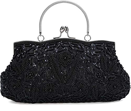 SYMALL Damen Abend-Handtasche Wulstige Elegante Blumenmuster Retro Handtasche Umhängetasche Abendtasche Party Prinzessin Clutch Satin Schnappverschluss Abendkleid Party Abendtasche, Schwarz von SYMALL