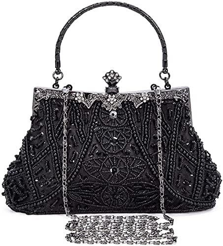 SYMALL Damen Handtasche für Party Vintage Clutch Elegant Retro Abendtasche Hochzeit Tasche mit Perlen Cocktail Braut Umhängetasche Bankett, Schwarz von SYMALL