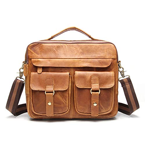 SYMALL Herren Umhängetasche Leder Vintage Aktentasche Crossbody Handtasche Arbeit Retro Vollnarbenleder Satchel Laptop Arbeitstasche Geschäft Brifcase Büro Echtes Leder Laptop, Gelb von SYMALL