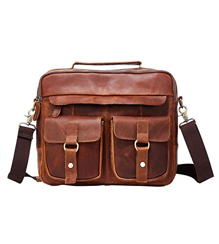 SYMALL Herren Umhängetasche Leder Vintage Aktentasche Crossbody Handtasche Arbeit Retro Vollnarbenleder Satchel Laptop Arbeitstasche Geschäft Brifcase Büro Echtes Leder Laptop, Rotbraun von SYMALL