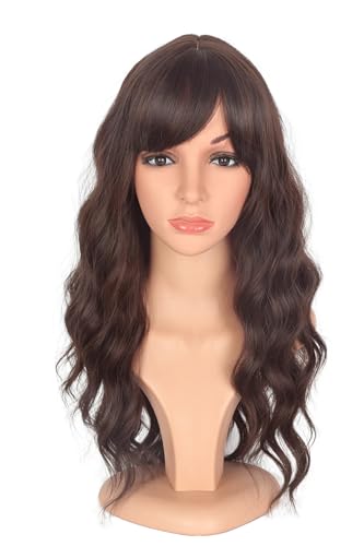 SYMEIW Mittellange, braune gewellte Perücken für Frauen, Kunsthaar-Perücke mit Pony, für den täglichen Gebrauch (braun) von SYMEIW