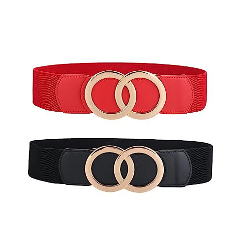 SYMOL Gürtel Damen Elastischer Taillengürtel 70CM-160CM Normale Große Taille Ledergürtel Dehnbarergürtel Mode Frau 5CM Kleidgürtel.(Schwarz+Rot,Taille:110CM-130CM) von SYMOL