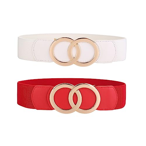 SYMOL Gürtel Damen Elastischer Taillengürtel 70CM-160CM Normale Große Taille Ledergürtel Dehnbarergürtel Mode Frau 5CM Kleidgürtel.(Weiß+Rot,Taille:90CM-110CM) von SYMOL
