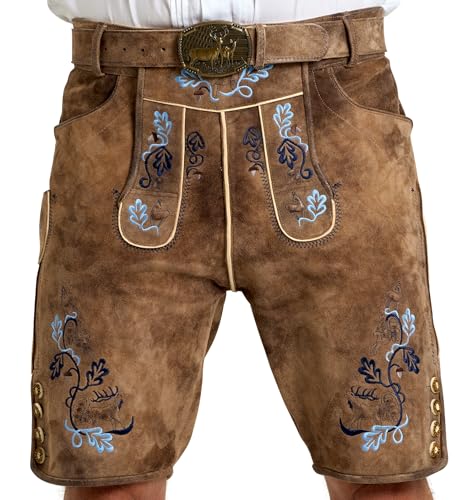 SYMPHONIE WESTERWALD Lederhose Herren kurz aus 100 % Wildbockleder – Dunkelbraun mit Stickerei & Trachtengürtel – Premium Trachtenhose für Oktoberfest & Volksfest (Größe 44) von SYMPHONIE WESTERWALD