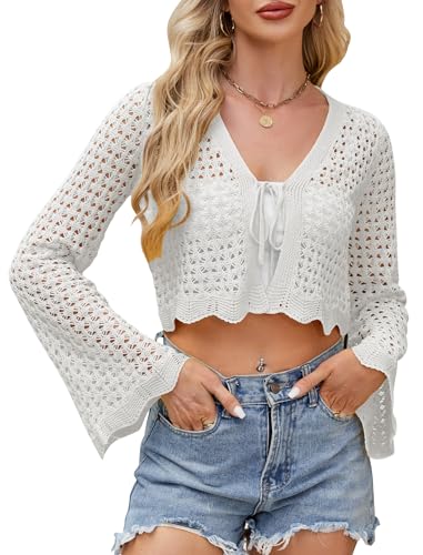 Cropped-Cardigan für Damen, zum Binden vorne, Häkel-Bolero, Bolero, Shrug-Pullover, Glockenärmel, Strick, Einfarbiges Weiß, Large Cropped-Cardigan für Damen, zum Binden vorne, Häkel-Bolero, Bolero, Shrug-Pullover, Glockenärmel, Strick, Einfarbiges Weiß, Large von SYNEELIFE