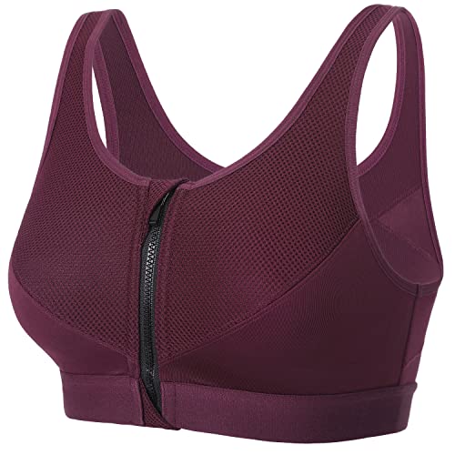 SYROKAN Damen Sport BH Starker Halt - Vorderverschluss Ohne Bügel Und Einlagen für Nach Brust OP Fitness Lauf Yoga Dunkelrot 85G von SYROKAN