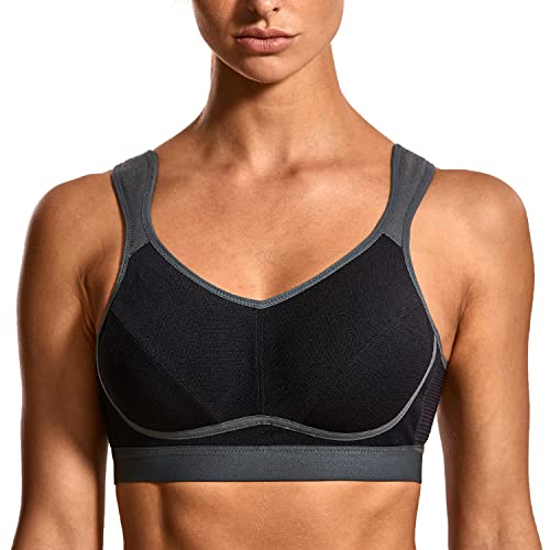 SYROKAN Damen Sport BH Starker Halt Große Brüste - Bequem Ohne Bügel Nicht Gepolstert Bustier Schwarz/Grau-1 95G von SYROKAN