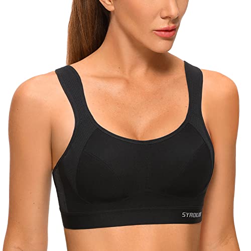SYROKAN Damen Sport BH Starker Halt Verstellbar Träger Gekreuzt Rücken Ohne Bügel Lauf Fitness Yoga Bra Schwarz 90C von SYROKAN