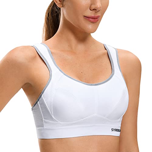 SYROKAN Damen Sport BH Starker Halt Verstellbar Träger Gekreuzt Rücken Ohne Bügel Lauf Fitness Yoga Bra Weiss 80D von SYROKAN